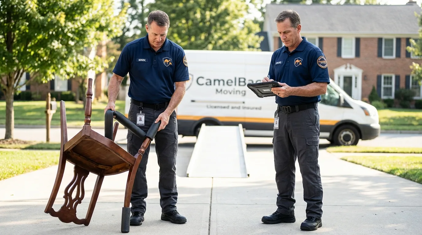 Movers inspecting furniture for damage prevention before loading in Pinebluff, NC