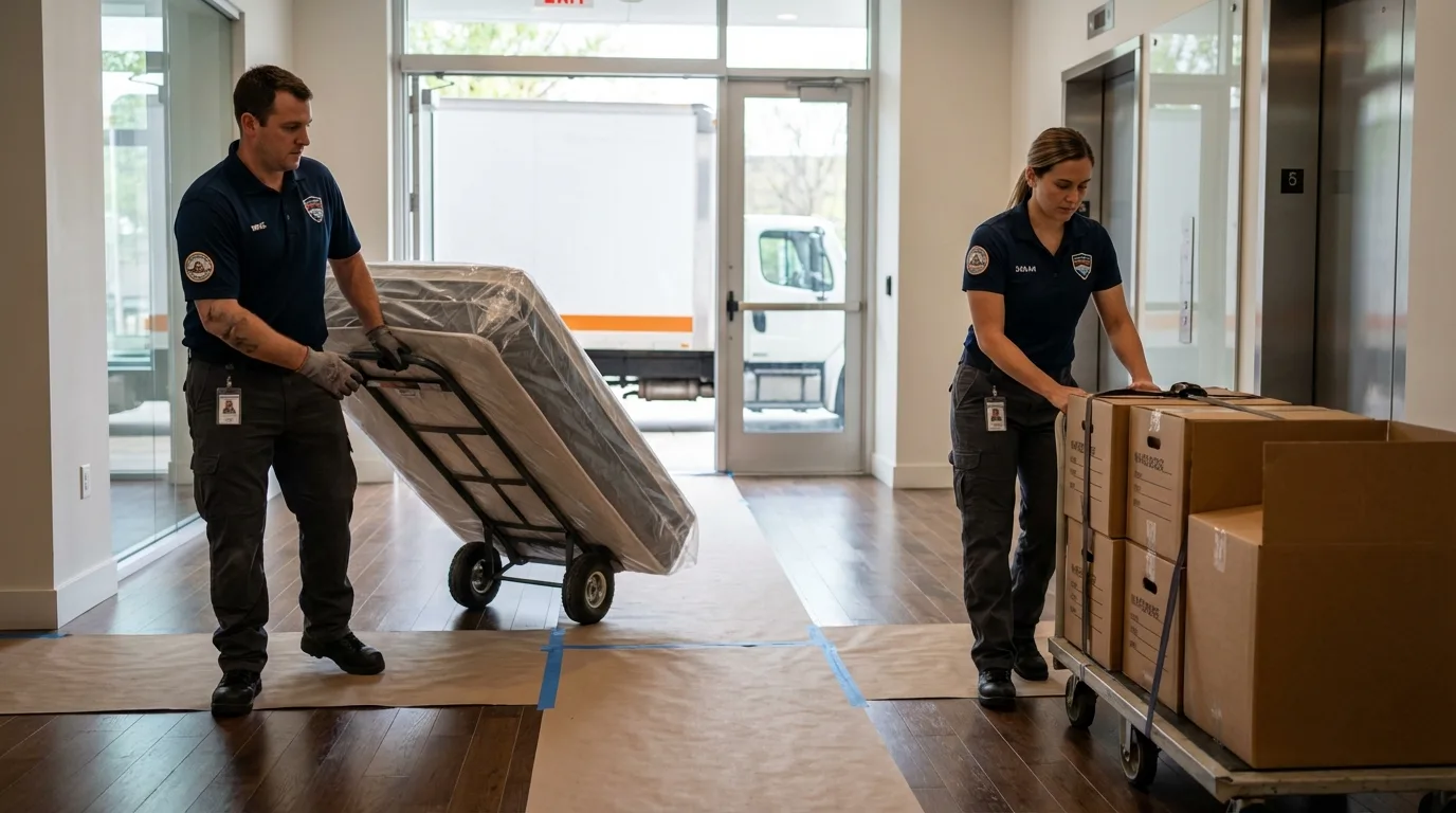 Professional apartment movers loading elevator in Pinebluff, NC