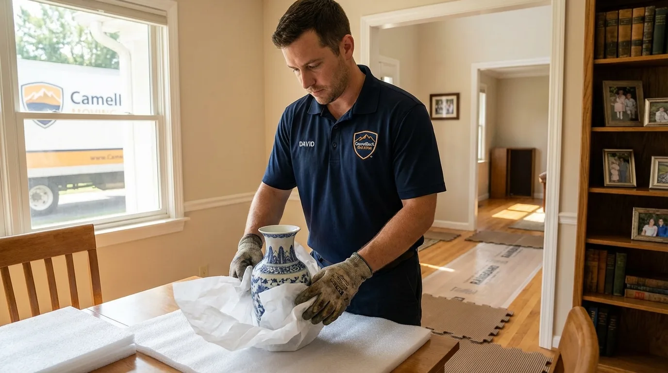 Professional crew carefully wrapping antique vase for senior downsizing move in Pinebluff, NC